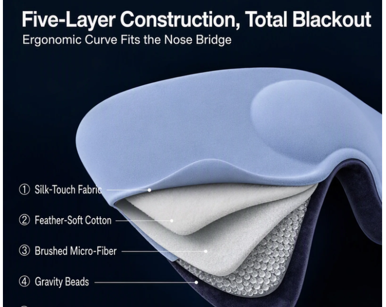 Five-layer construction of weighted blackout sleep mask with gravity beads
